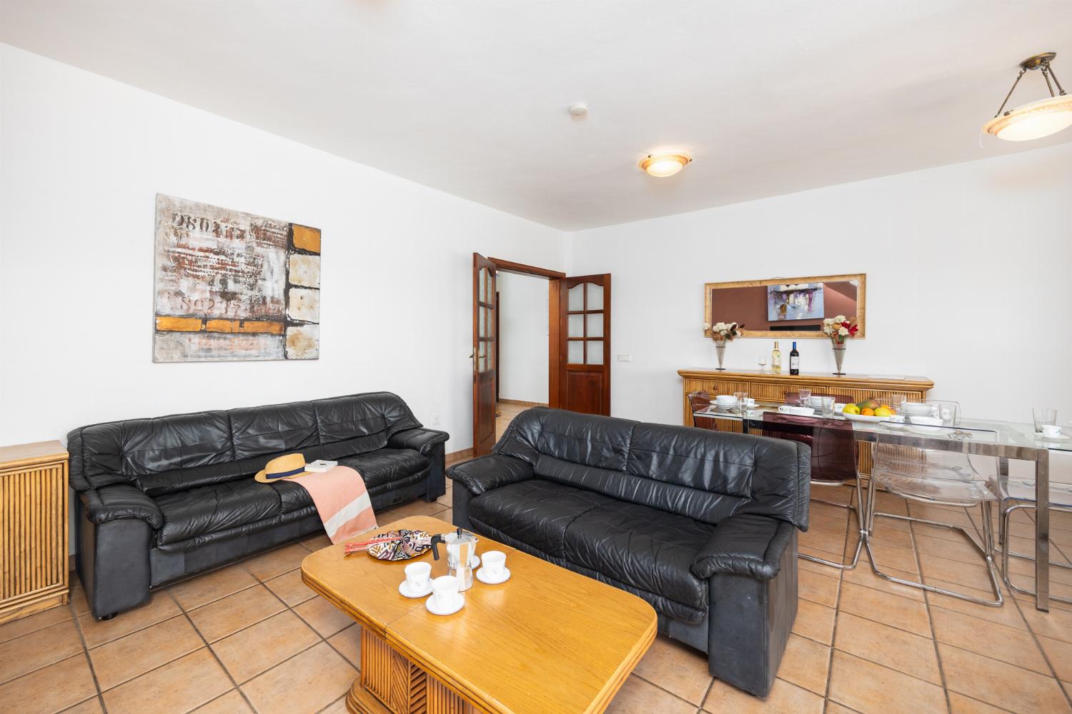 Living room with sofas, dining area, A/C, WiFi internet, and satellite TV