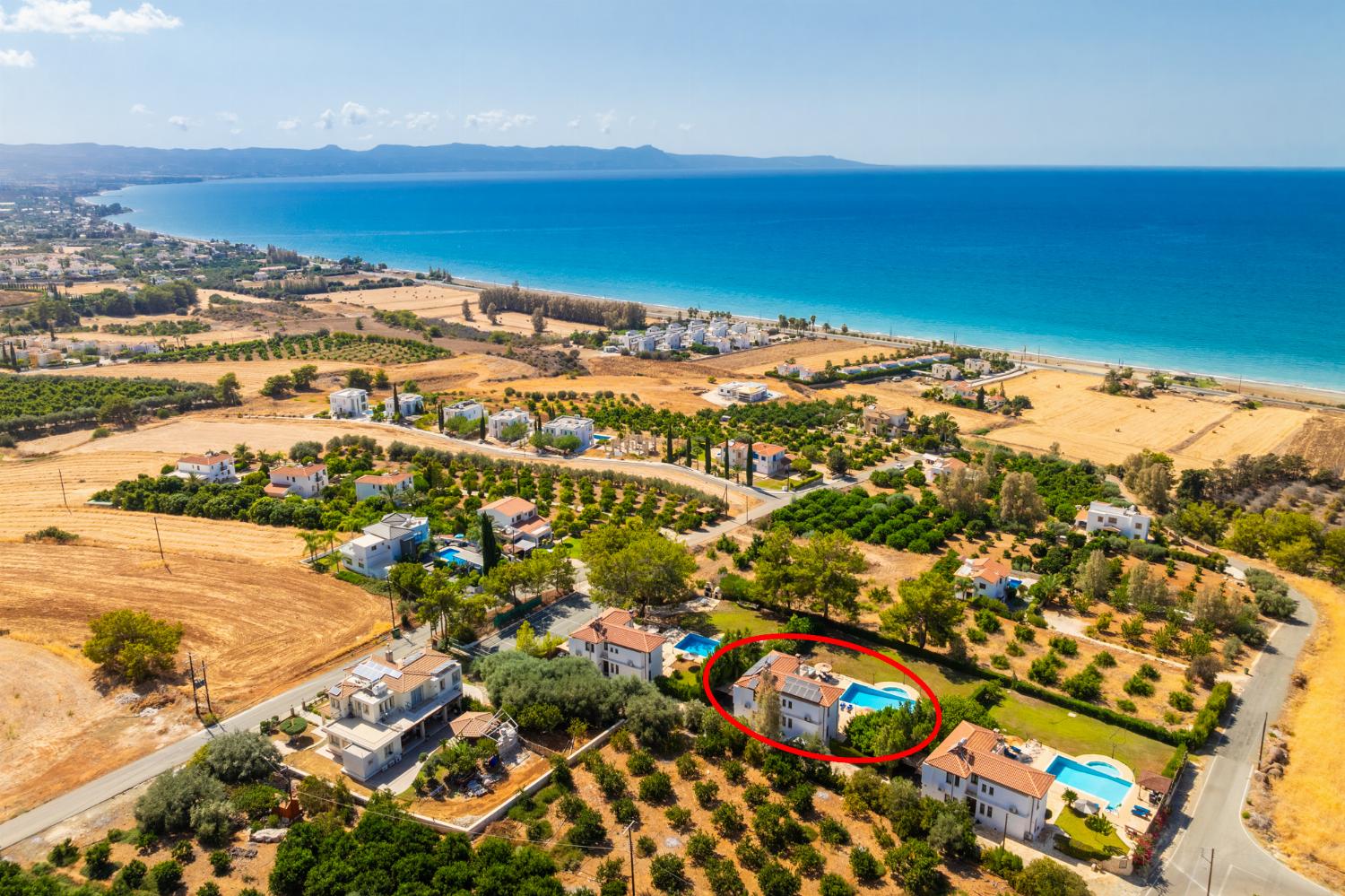 Aerial view showing location of villa