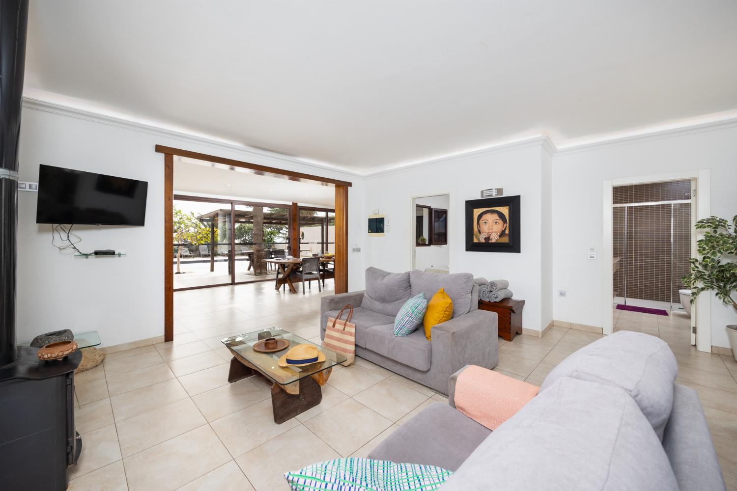 Open-plan living room with sofas, dining area, kitchen, ornamental fireplace, WiFi internet, and satellite TV