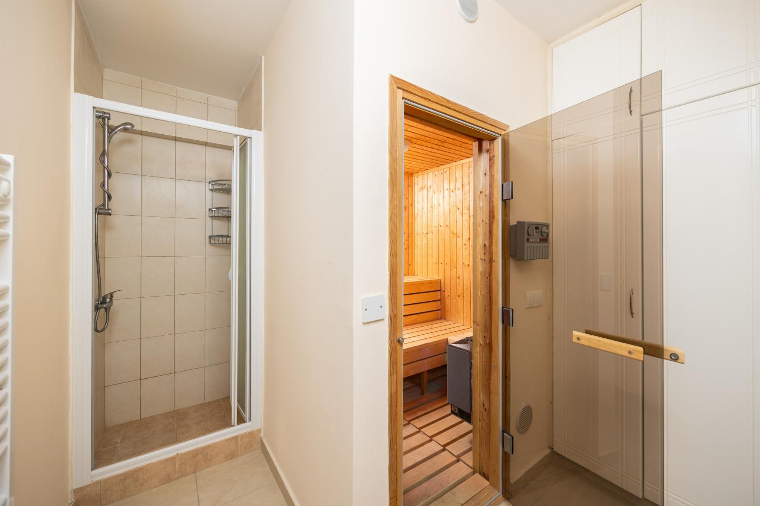 En suite bathroom with shower and sauna