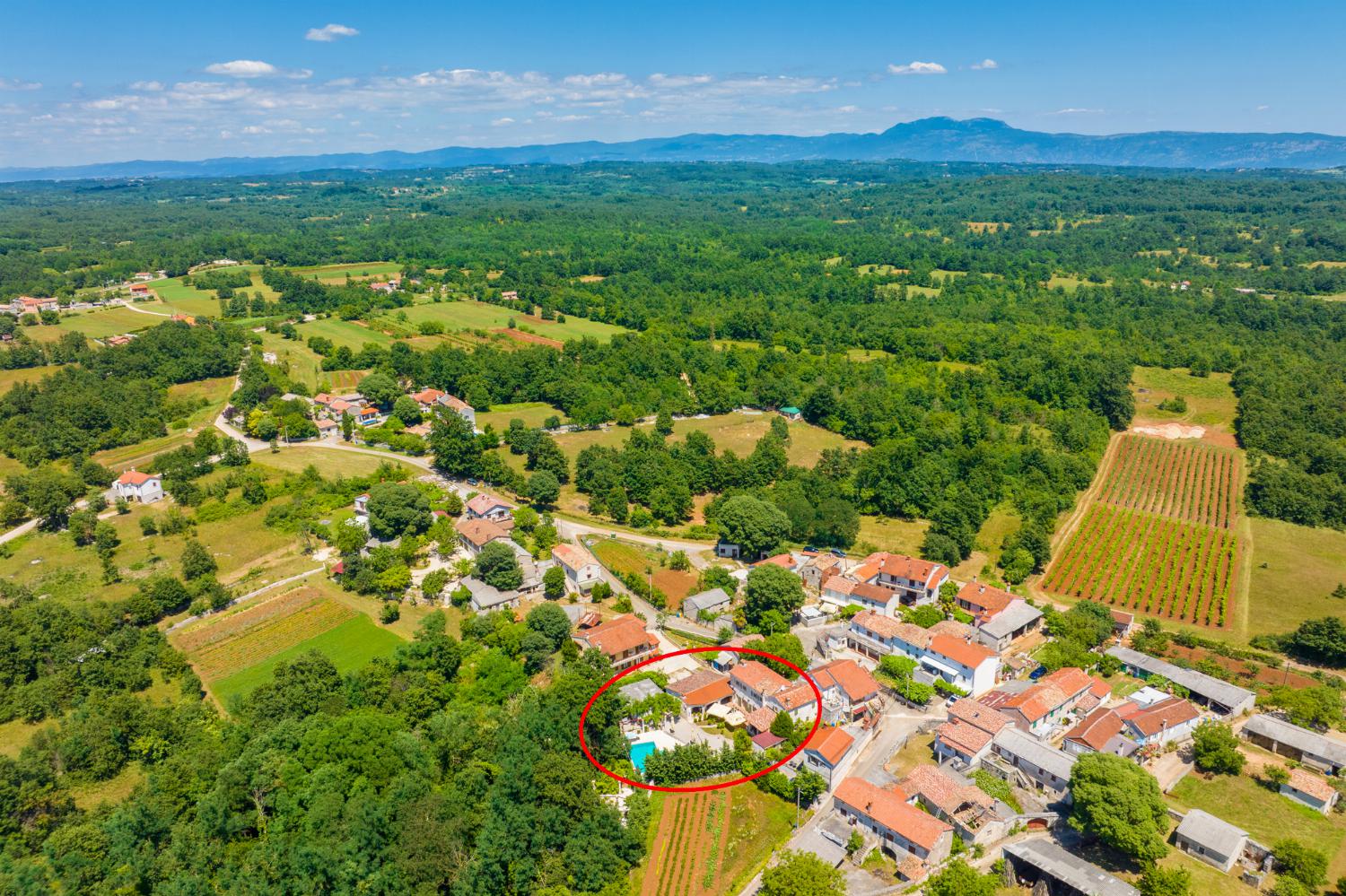 Aerial view showing location of Villa Damiana
