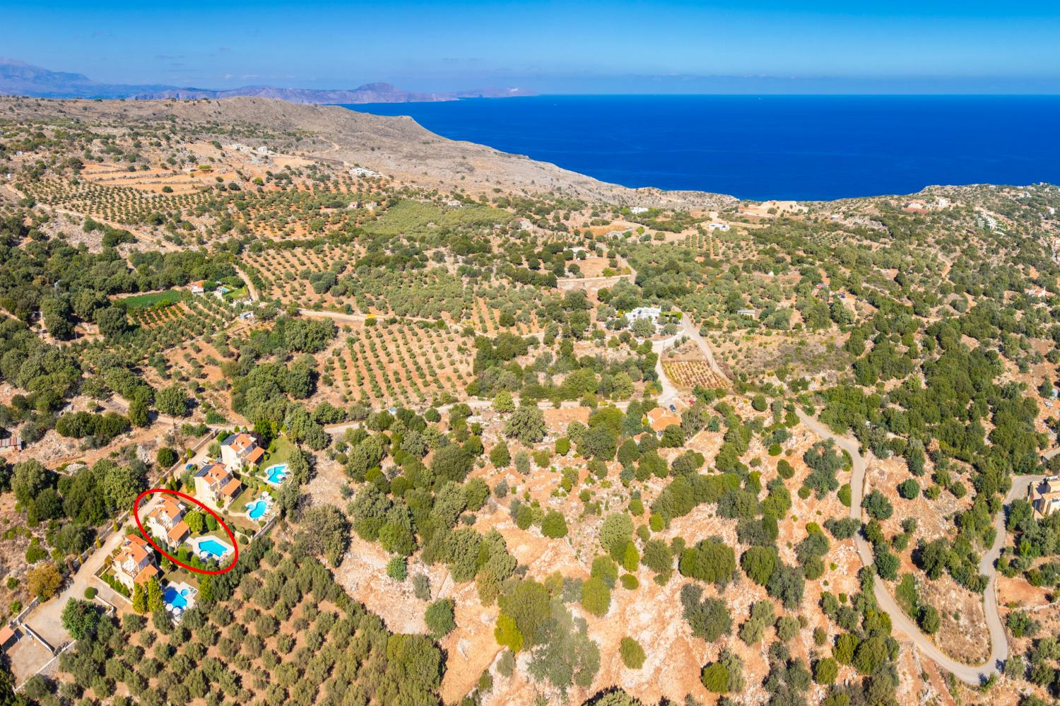 Aerial view showing location of villa