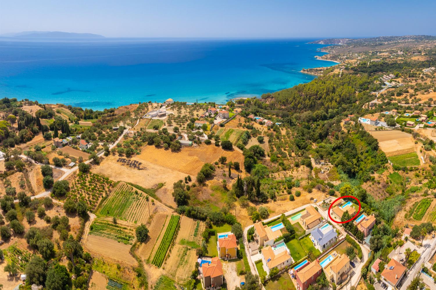 Aerial view showing location of Villa Petra