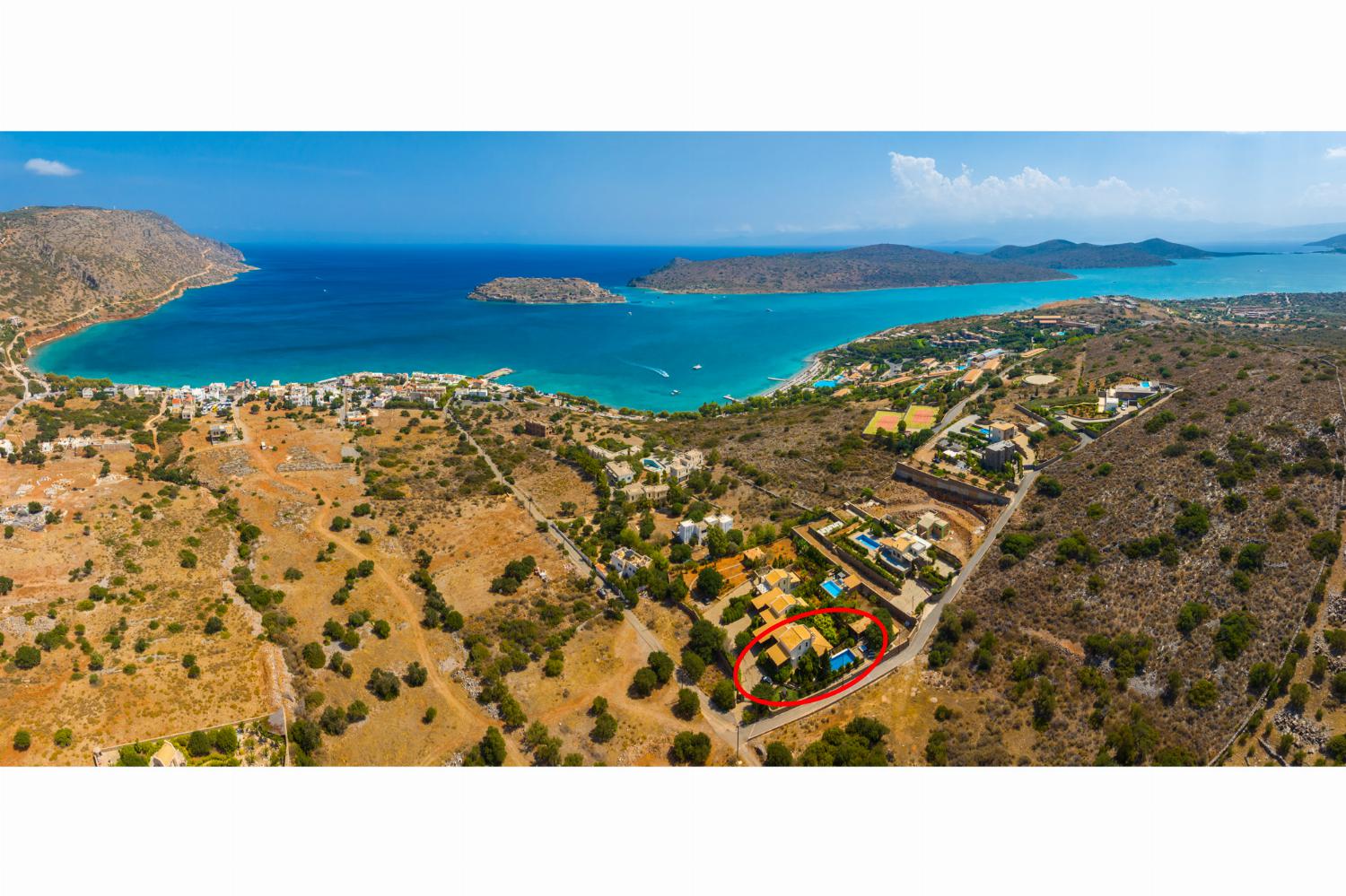 Aerial view showing location of Villa Elounda Blue