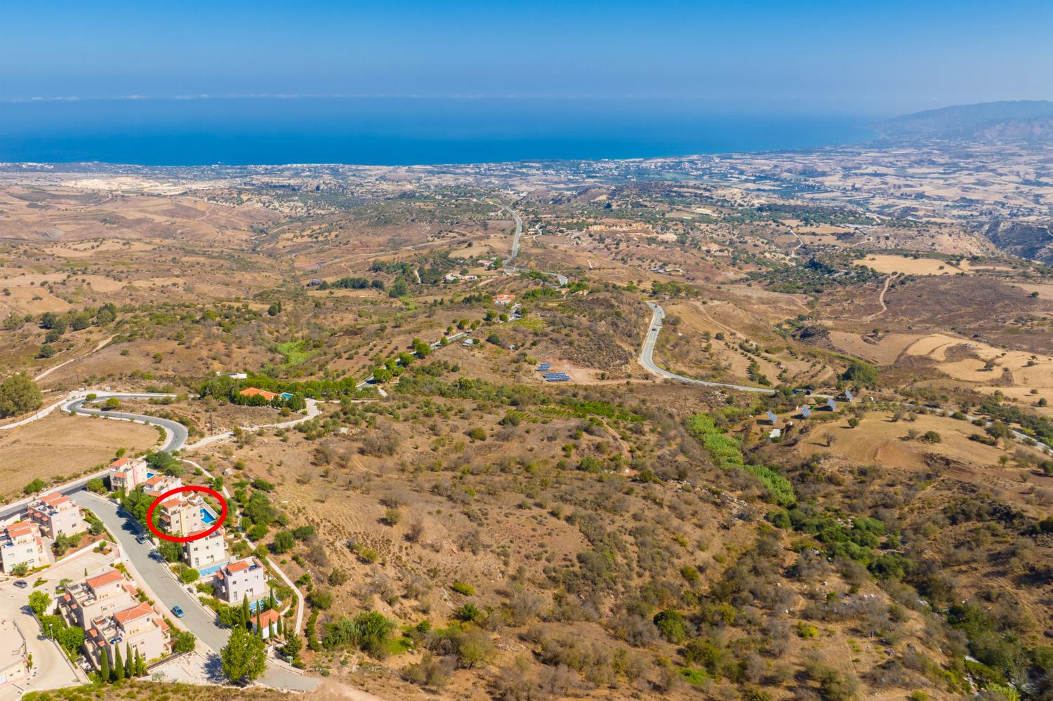 Aerial view showing location of Villa Panorama Tria