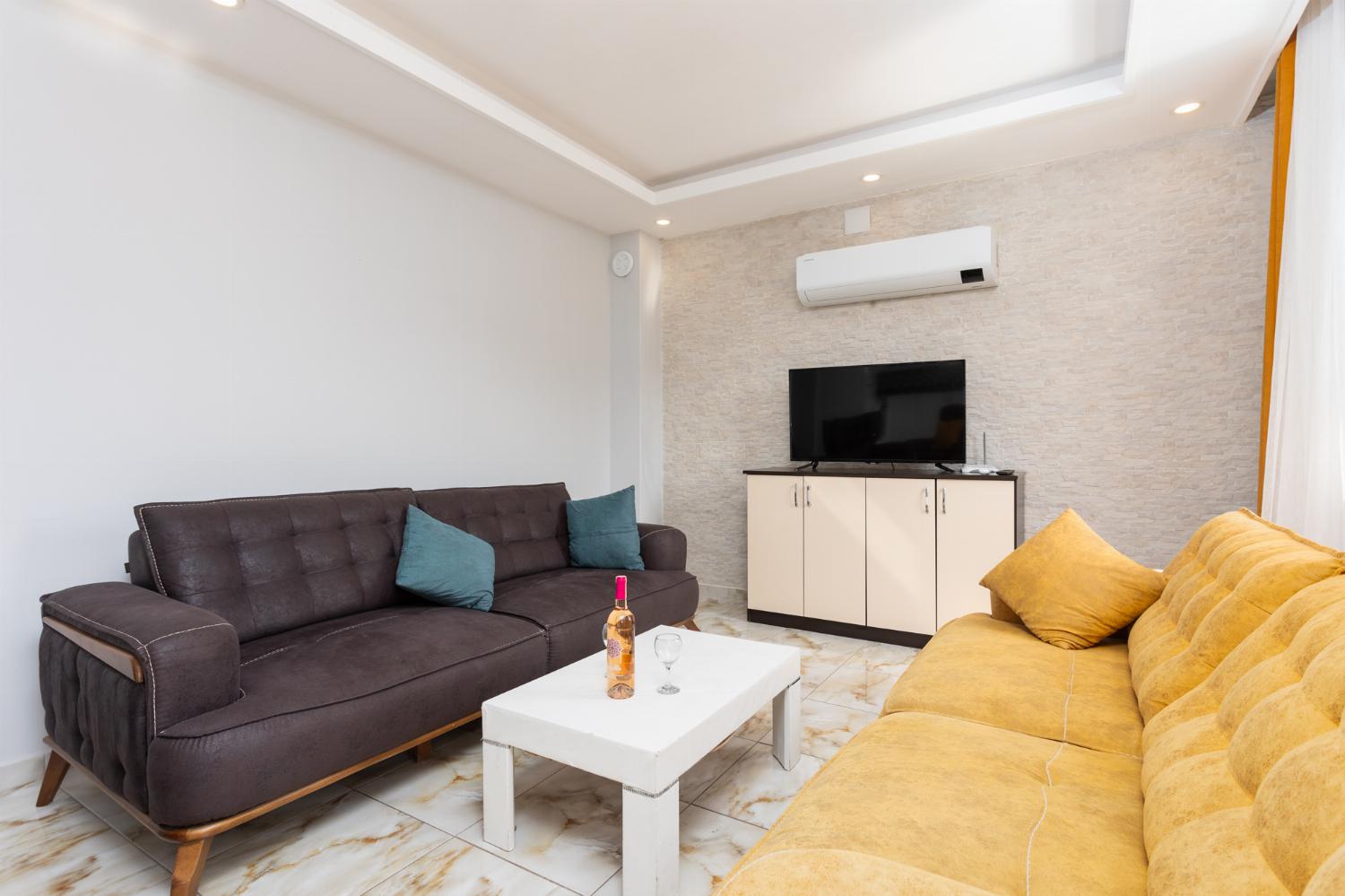 Open-plan living room with sofas, kitchen, A/C, WiFi internet, and satellite TV