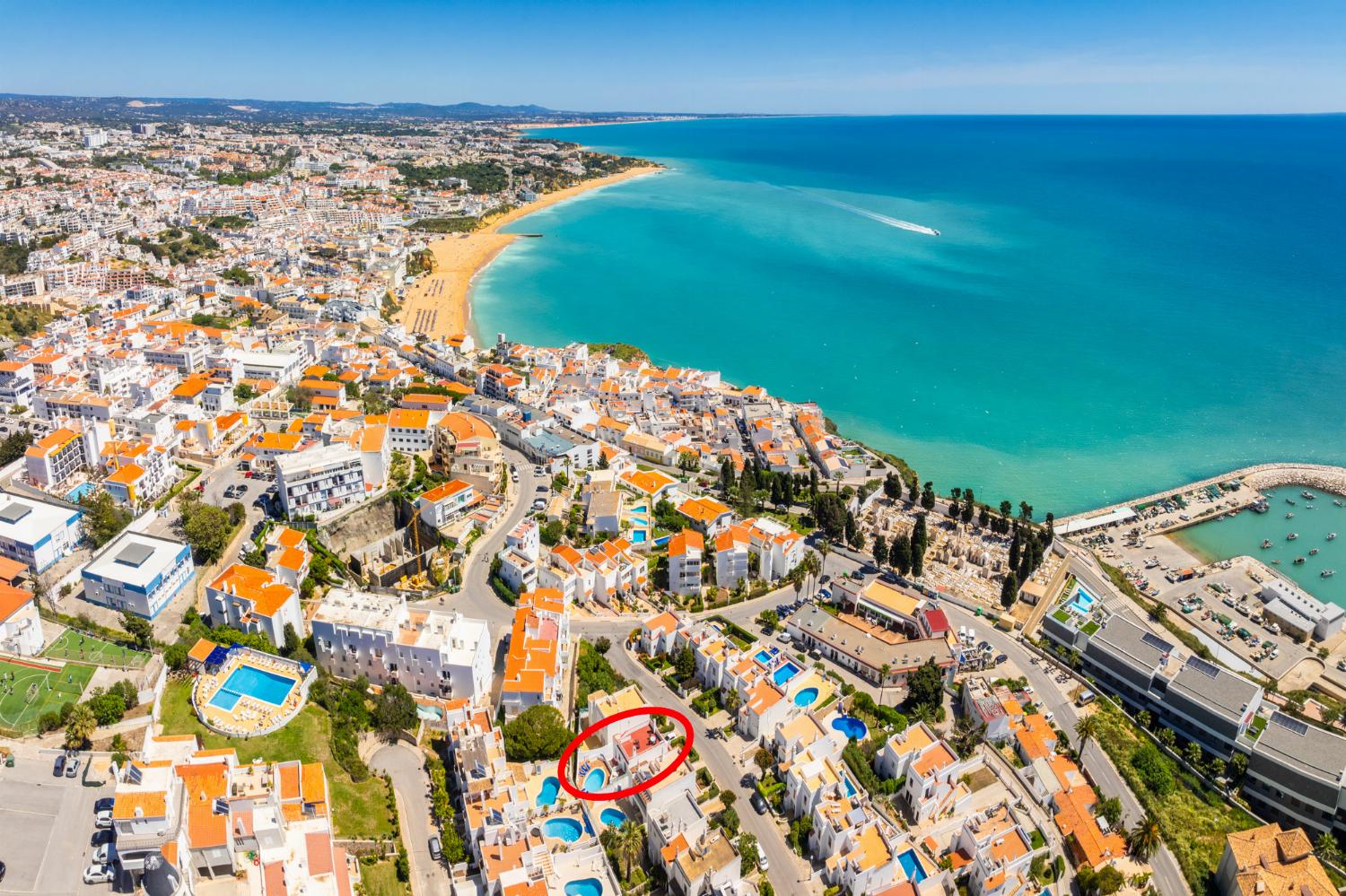 Aerial view of Albufeira showing location of villa