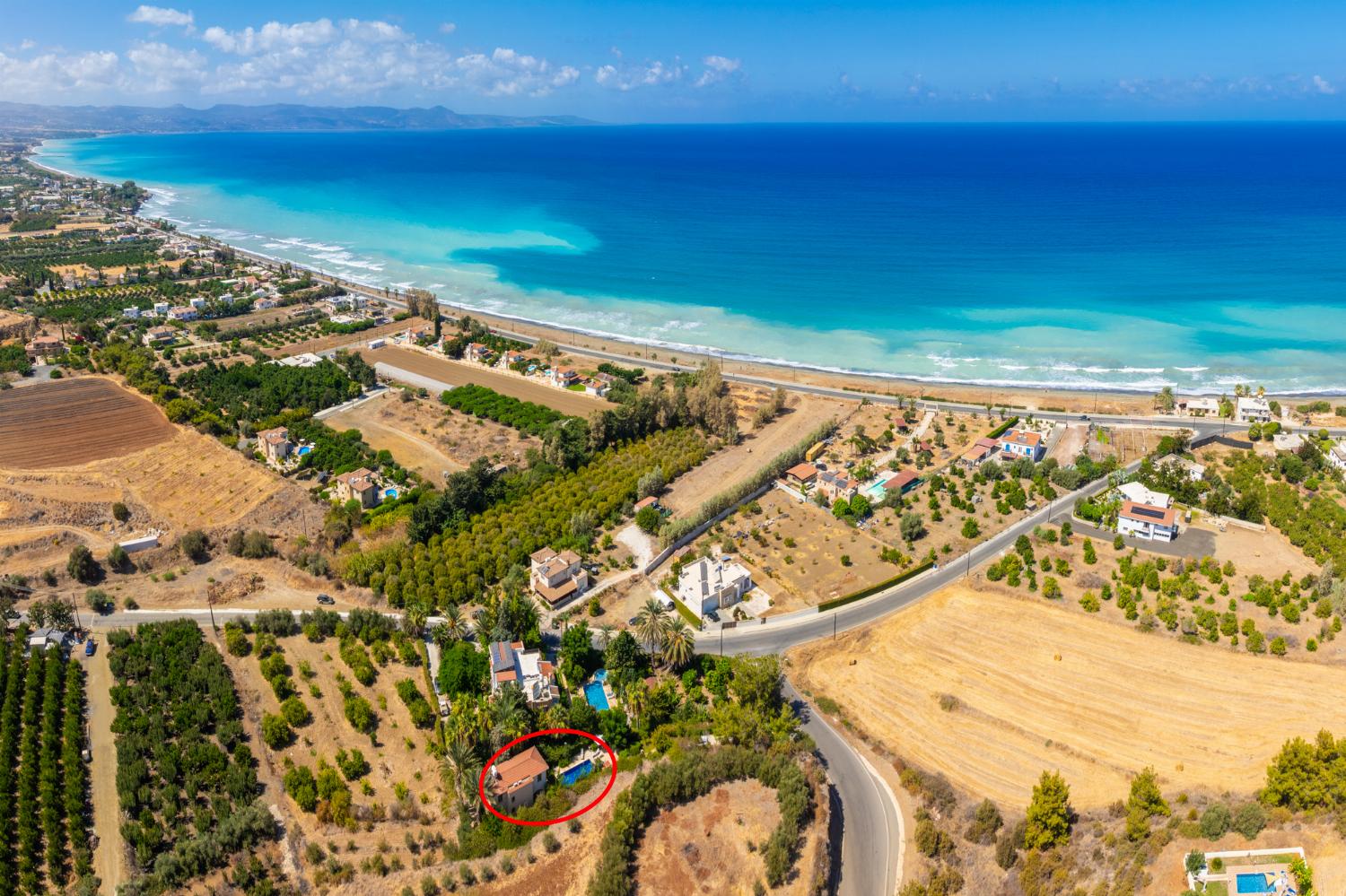 Aerial view showing location of villa