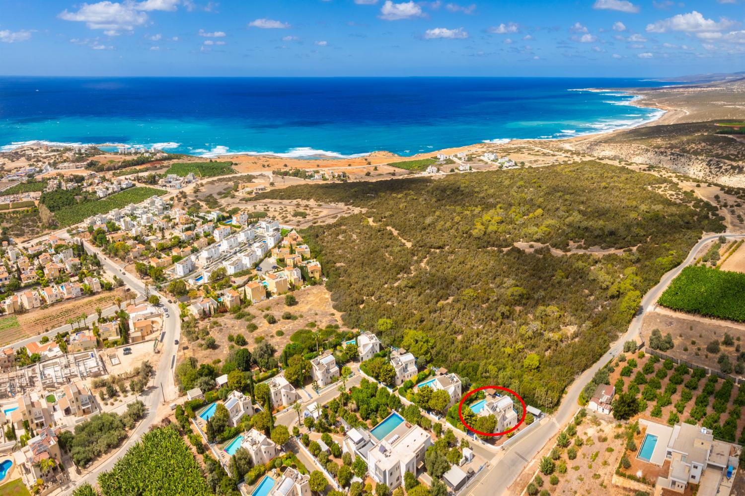 Aerial view showing location of villa