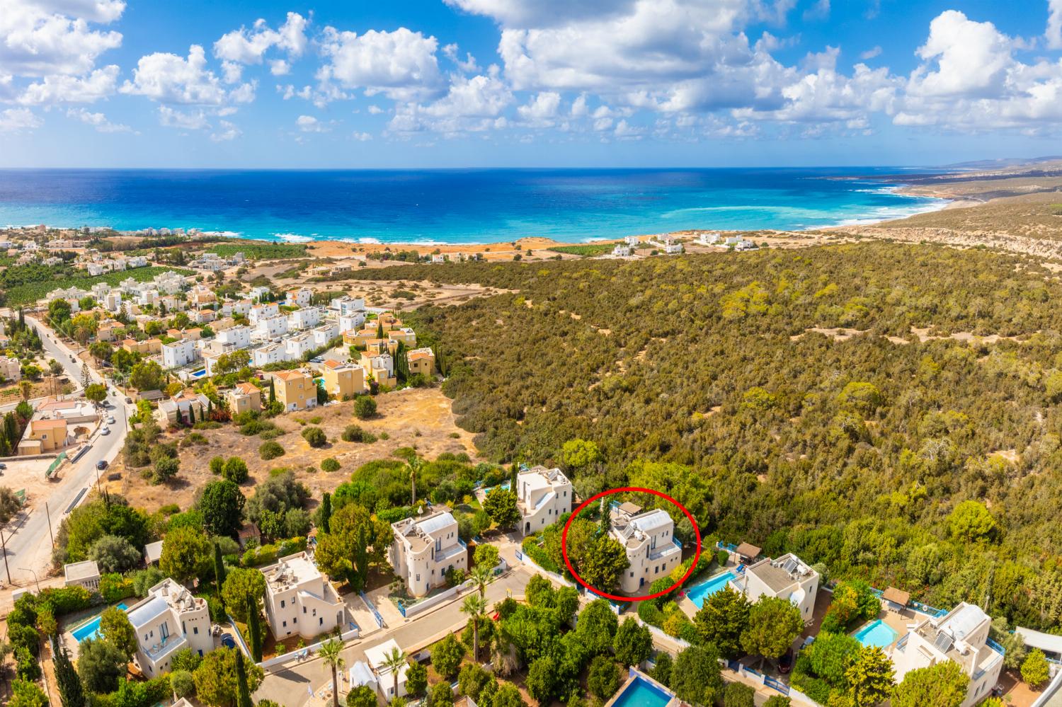 Aerial view showing location of villa