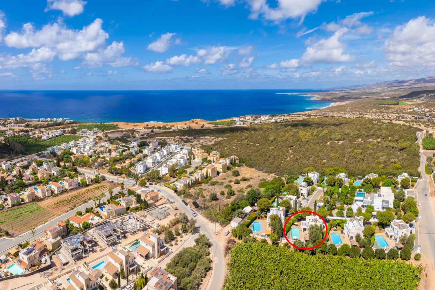 Aerial view showing location of villa