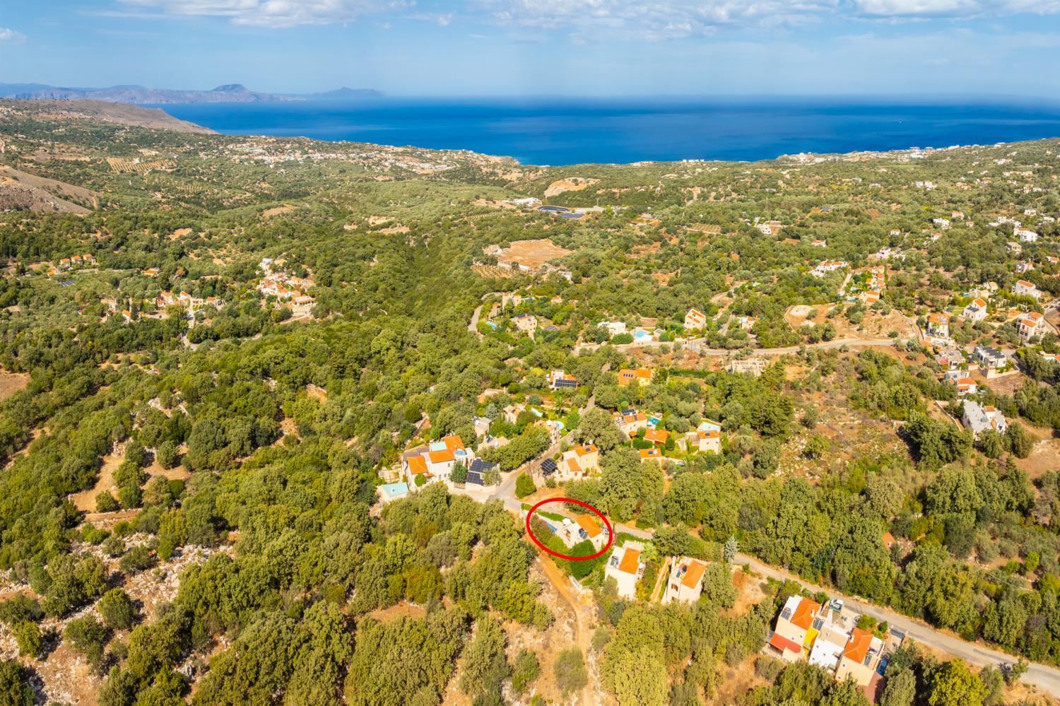 Aerial view showing location of villa