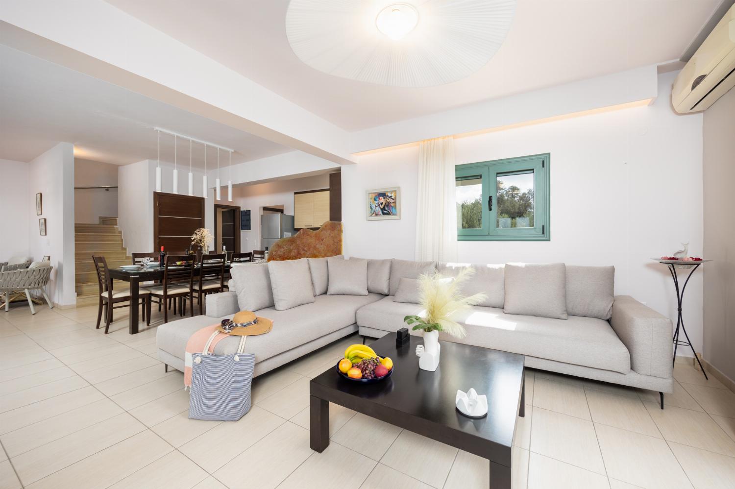 Open-plan living room with sofas, dining area, kitchen, ornamental fireplace, A/C, WiFi internet, and satellite TV