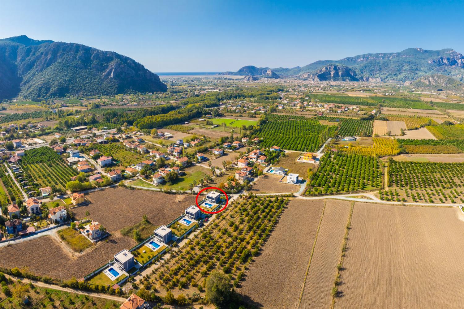 Aerial view showing location of villa