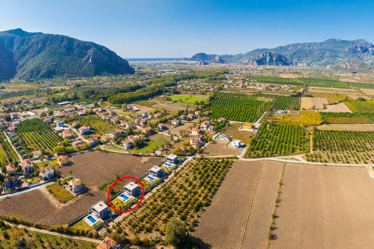 Aerial view showing location of villa