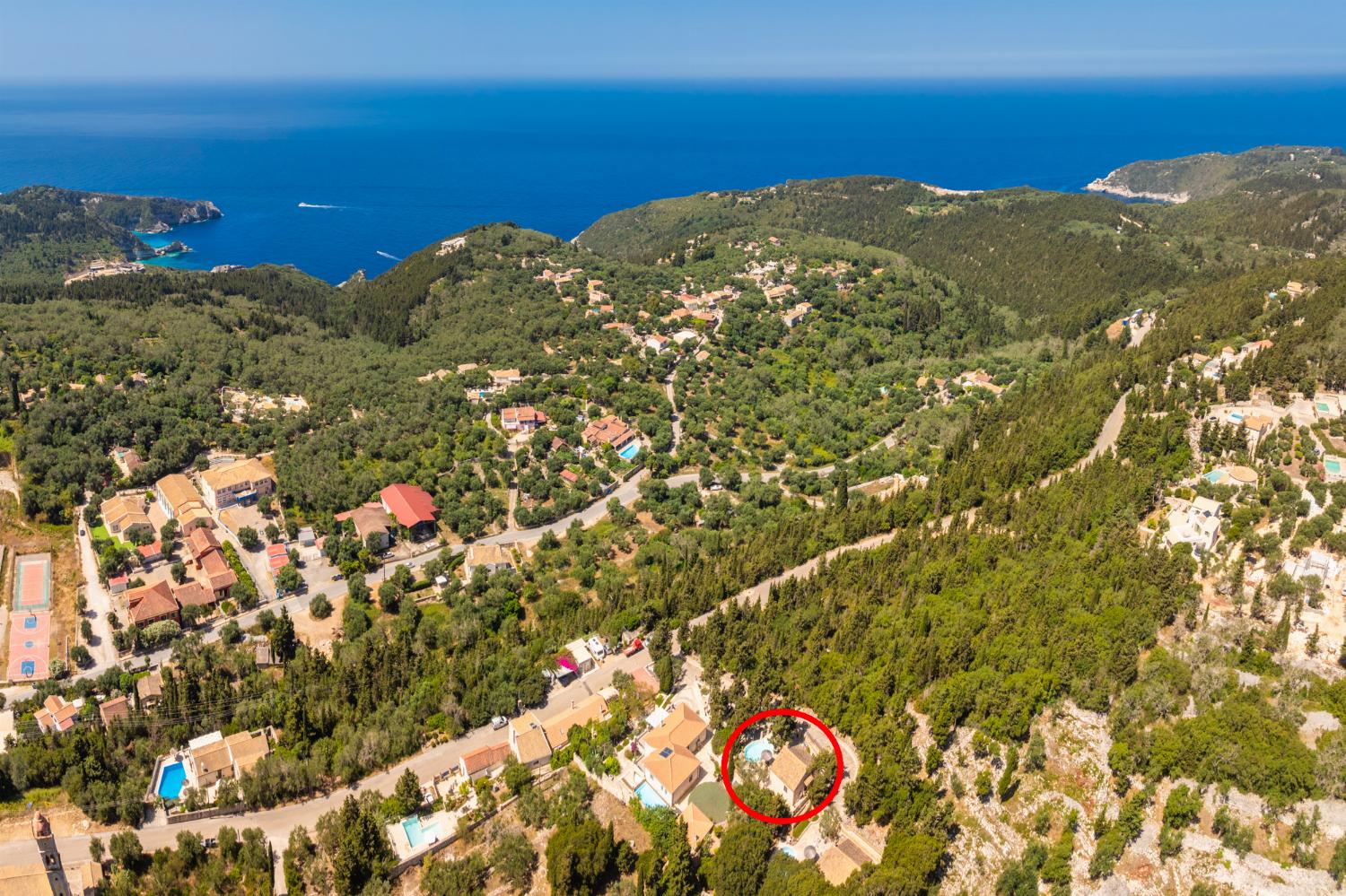 Aerial view showing location of villa